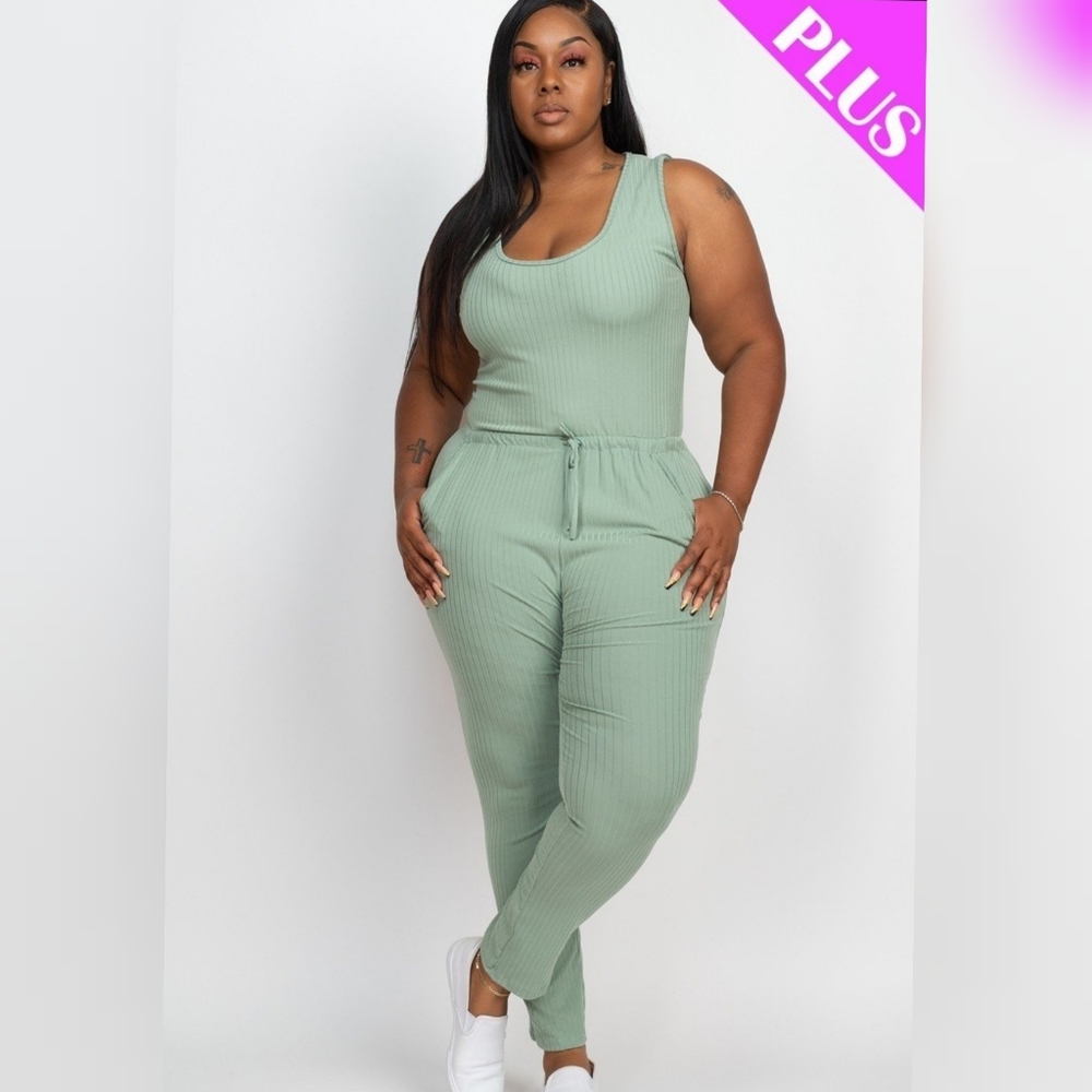 Sage Ribbed Pocket Casual Jumpsuit Plus Size 2X